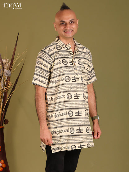 Cream Divine Printed Short Men Kurta