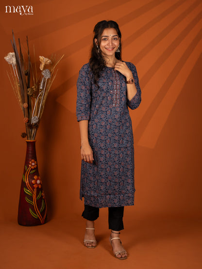 Blue Block Printed Cotton Kurti