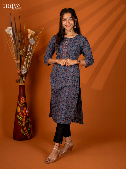 Blue Block Printed Cotton Kurti