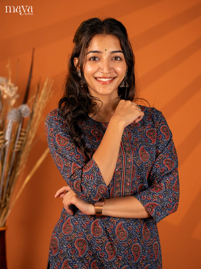 Blue Ajrakh Printed Cotton Kurti - Shop on Shrus.com
