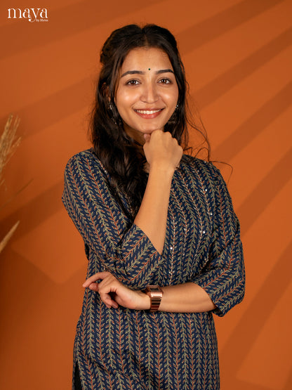 Blue Block Printed Cotton Kurti