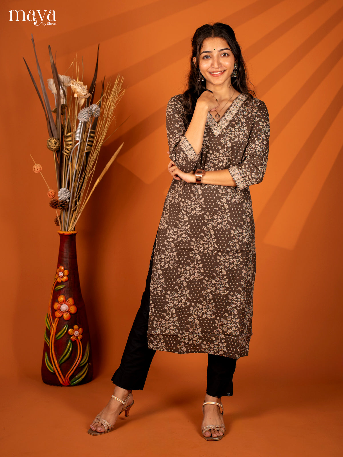 Brown Floral Printed Cotton Kurti