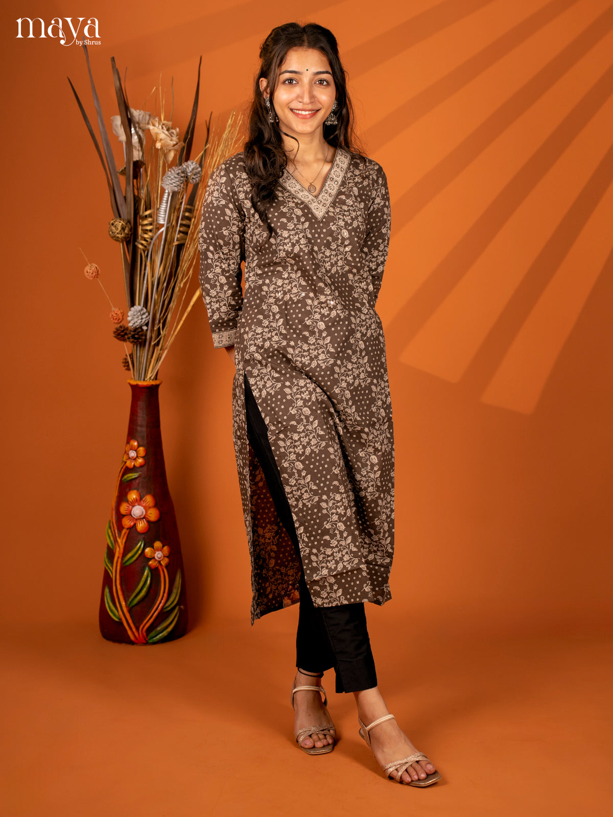 Brown Floral Printed Cotton Kurti