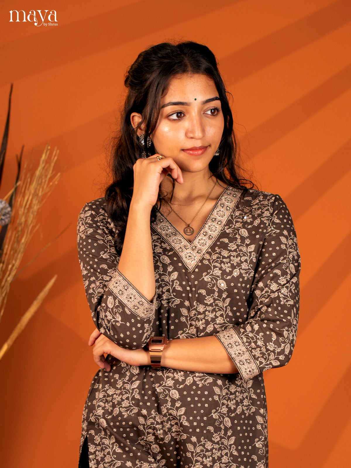 Brown Floral Printed Cotton Kurti