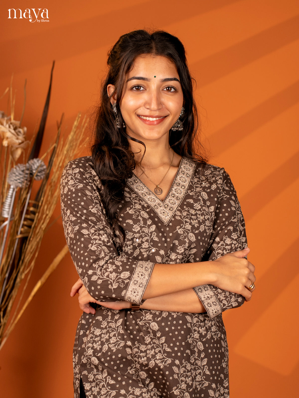 Brown Floral Printed Cotton Kurti