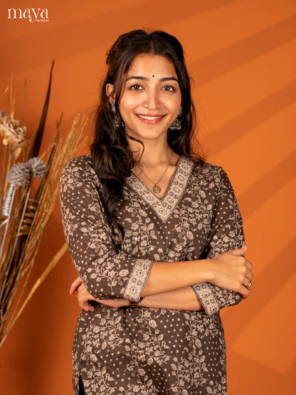 Brown Floral Printed Cotton Kurti