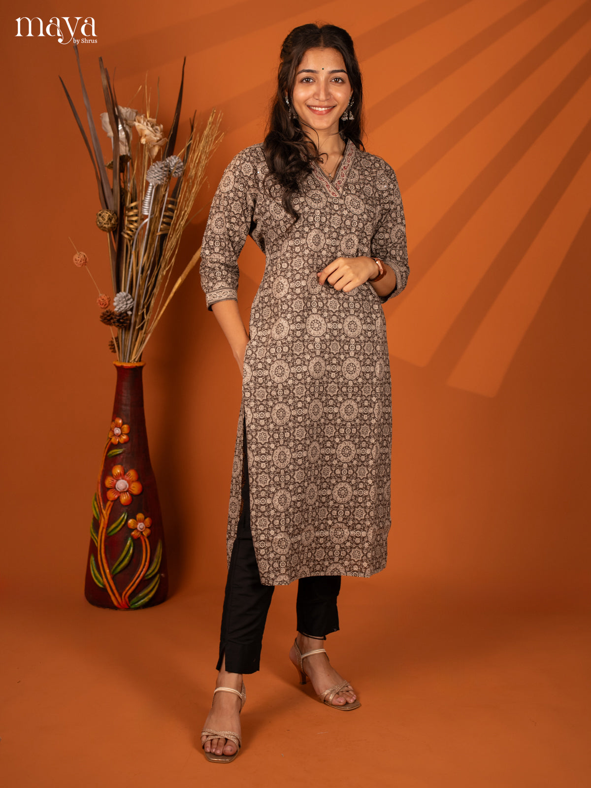 Brown Block Printed Cotton Kurti