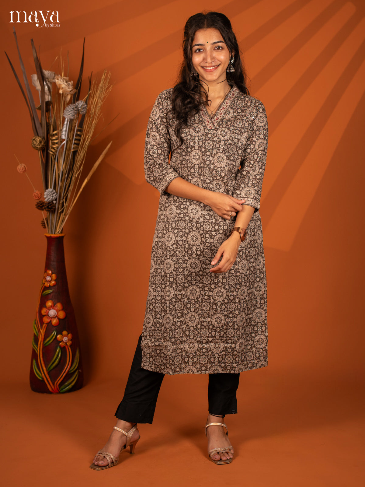 Brown Block Printed Cotton Kurti