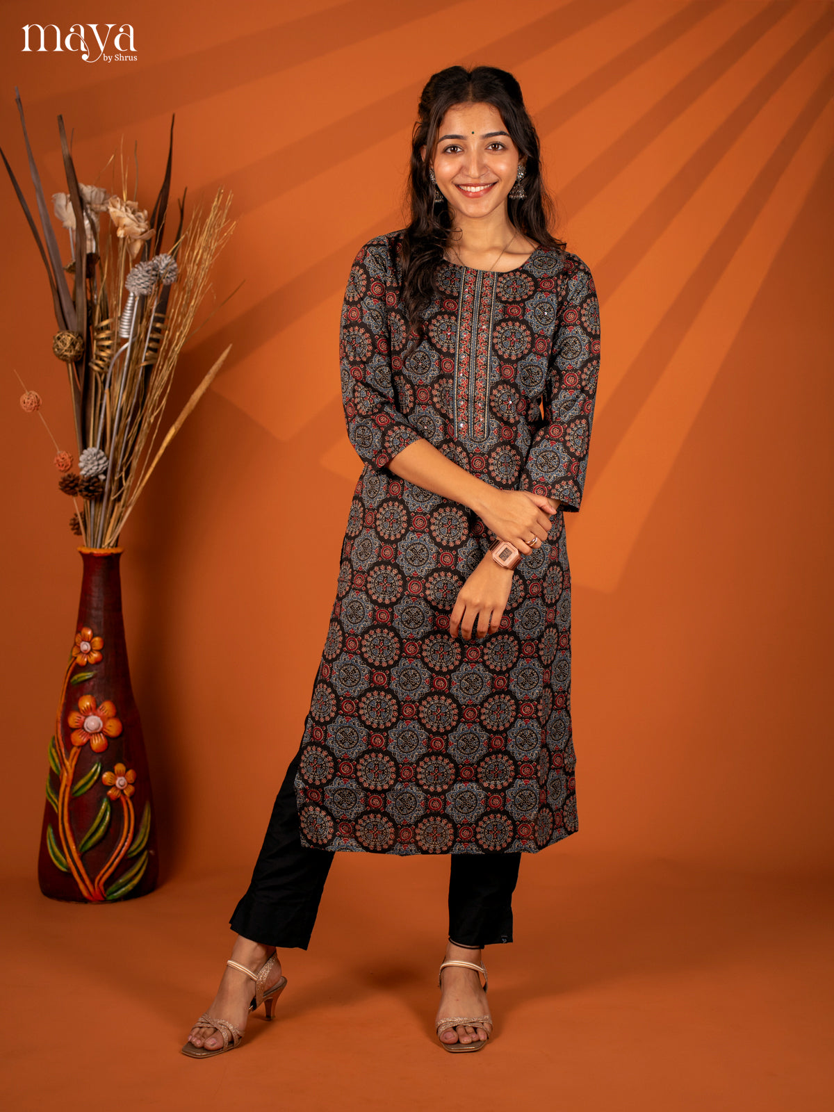 Black Ajrakh Printed Cotton Kurti