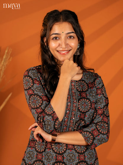 Black Ajrakh Printed Cotton Kurti