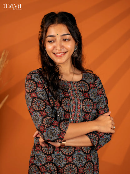 Black Ajrakh Printed Cotton Kurti
