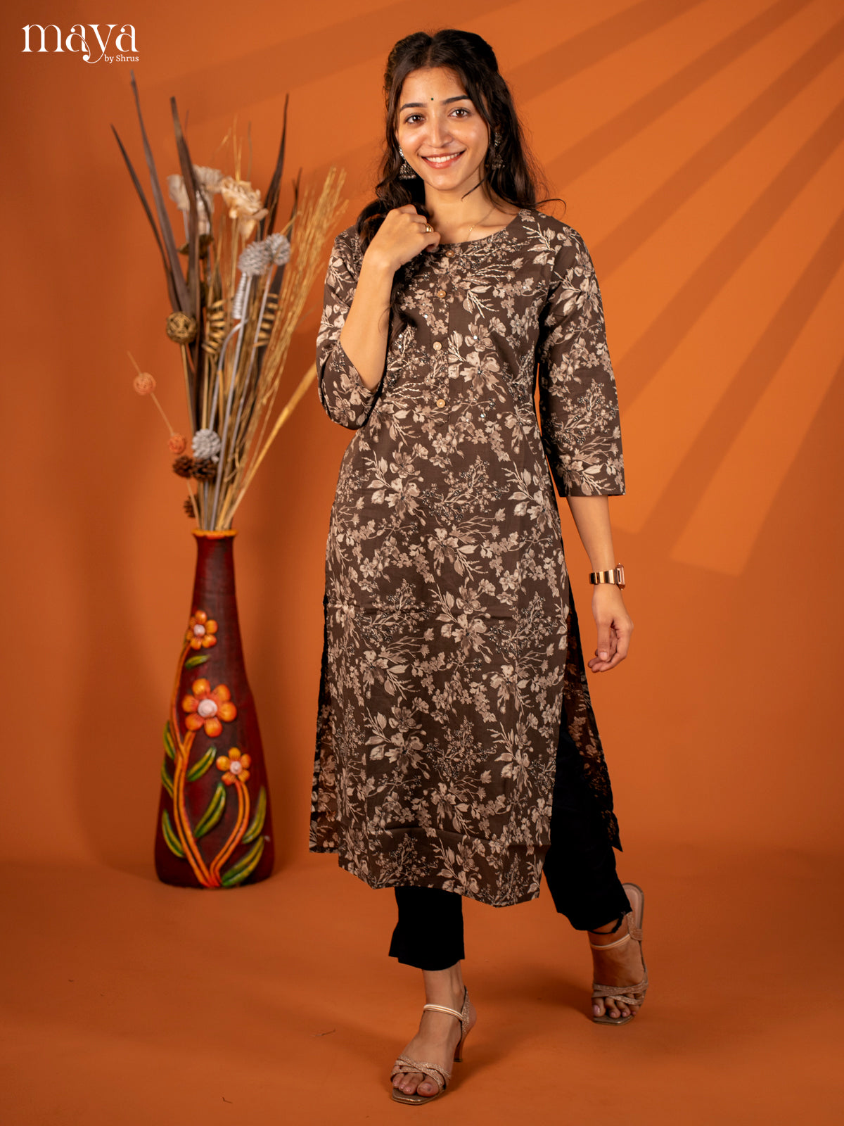 Brown Floral Printed Cotton Kurti