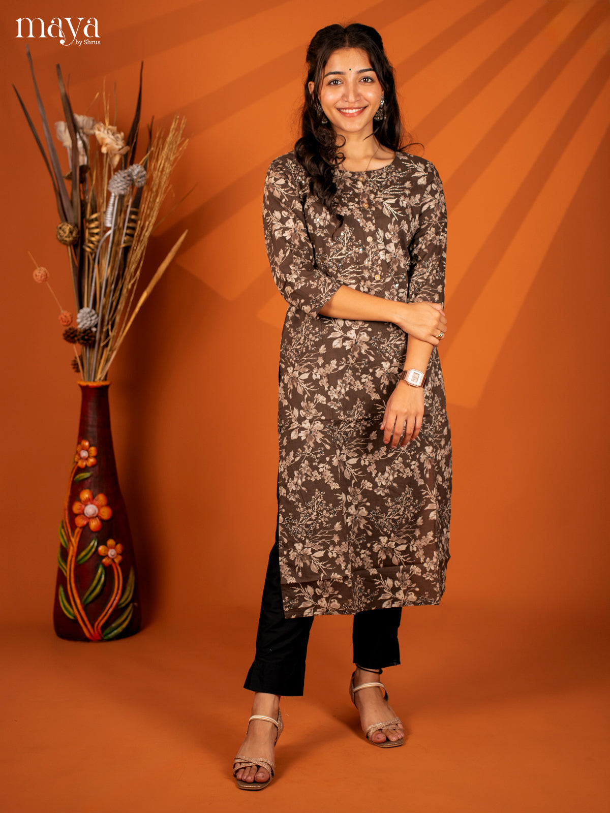 Brown Floral Printed Cotton Kurti
