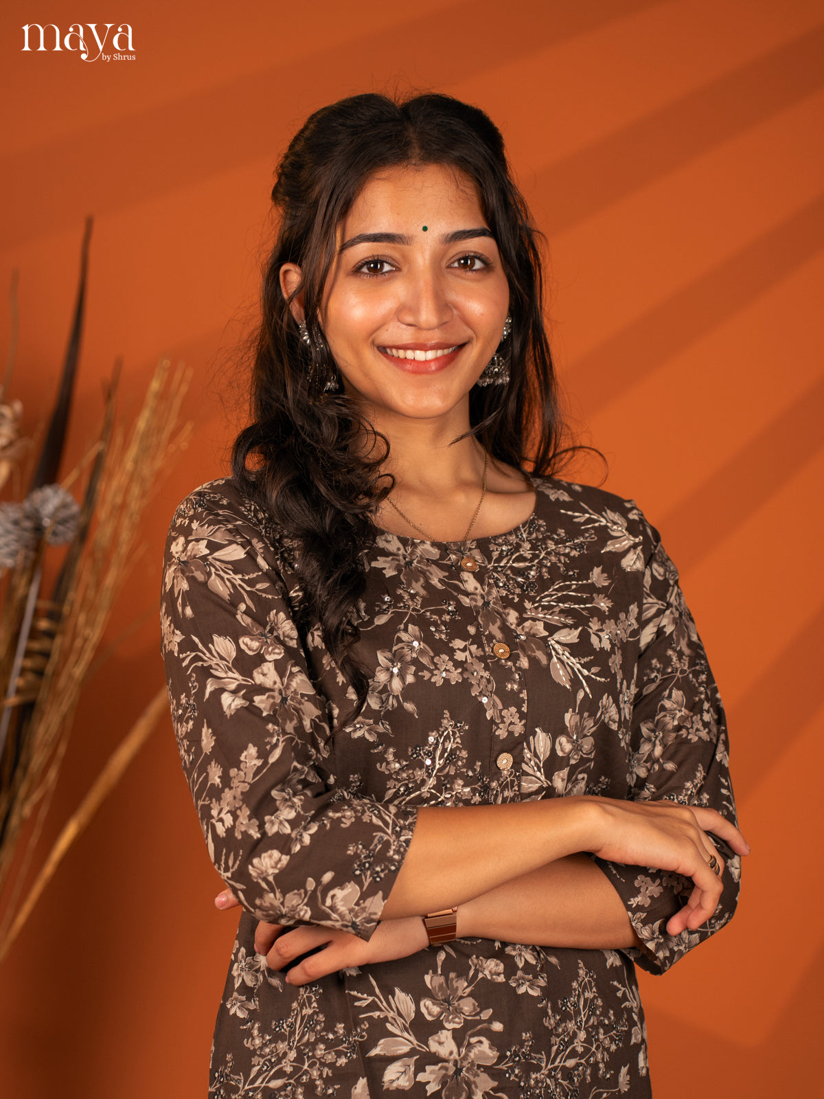 Brown Floral Printed Cotton Kurti