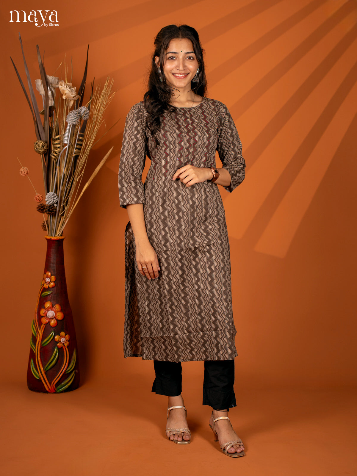 Brown Ajrakh Printed Cotton Kurti