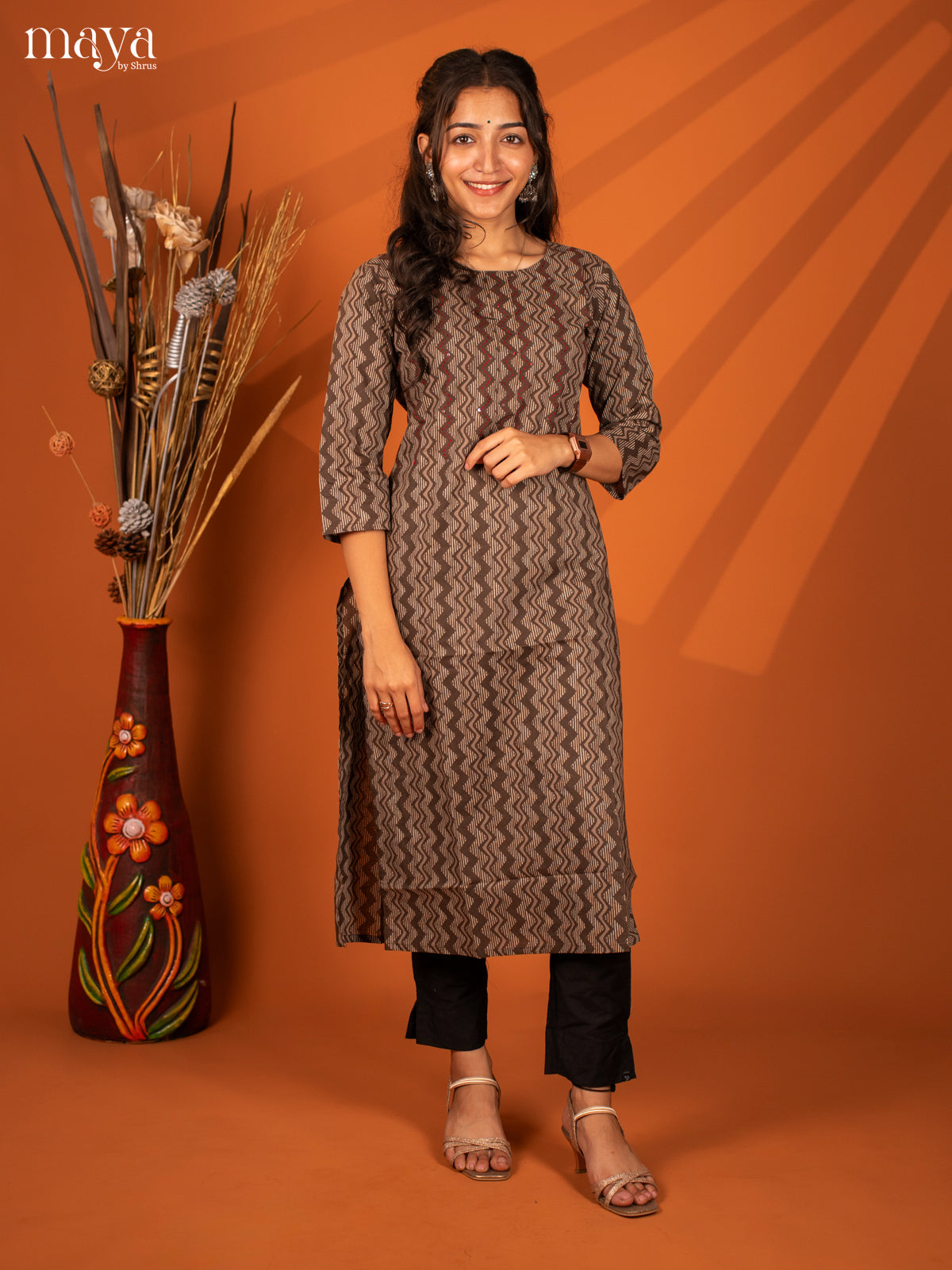 Brown Ajrakh Printed Cotton Kurti