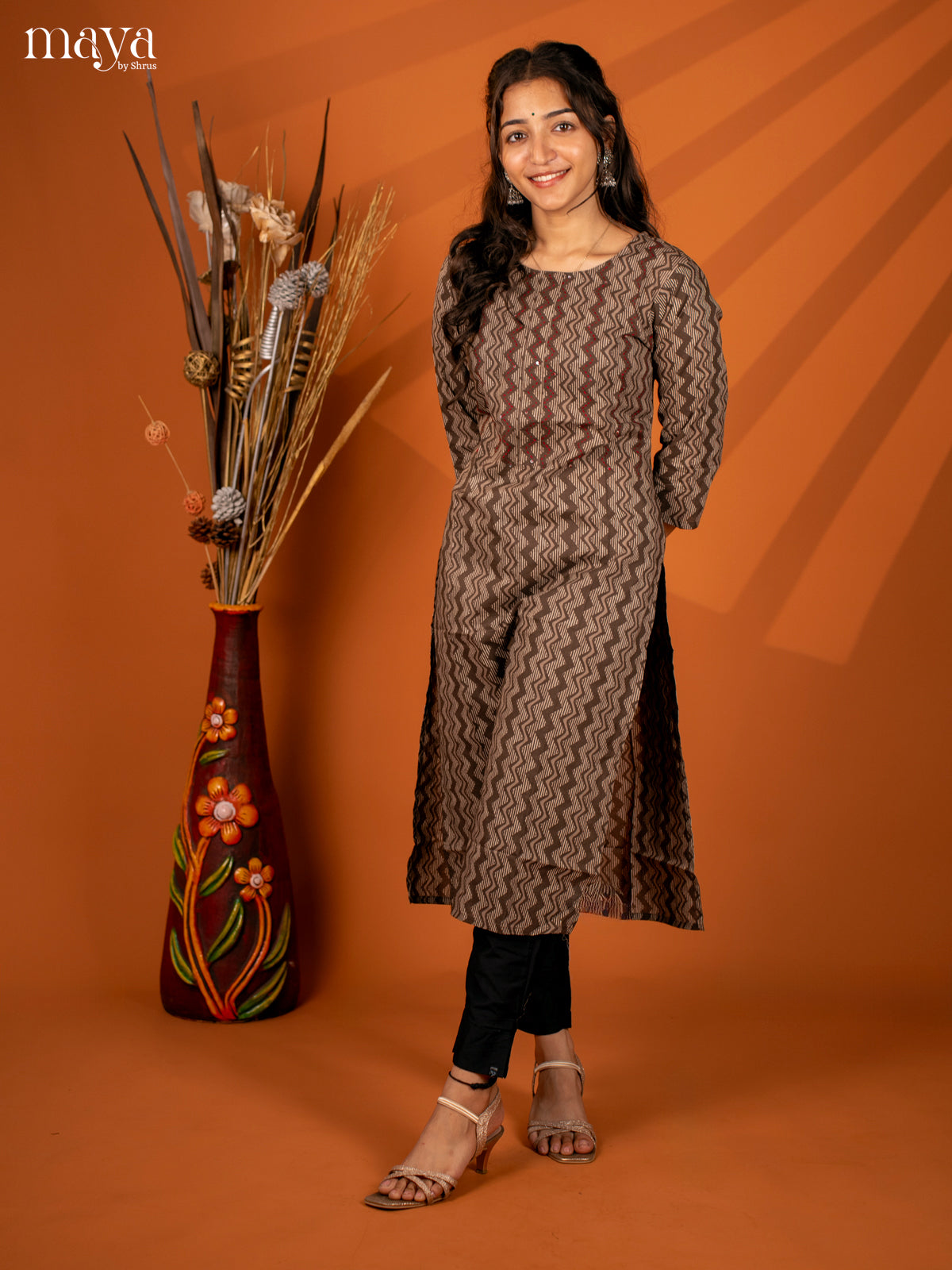 Brown Ajrakh Printed Cotton Kurti