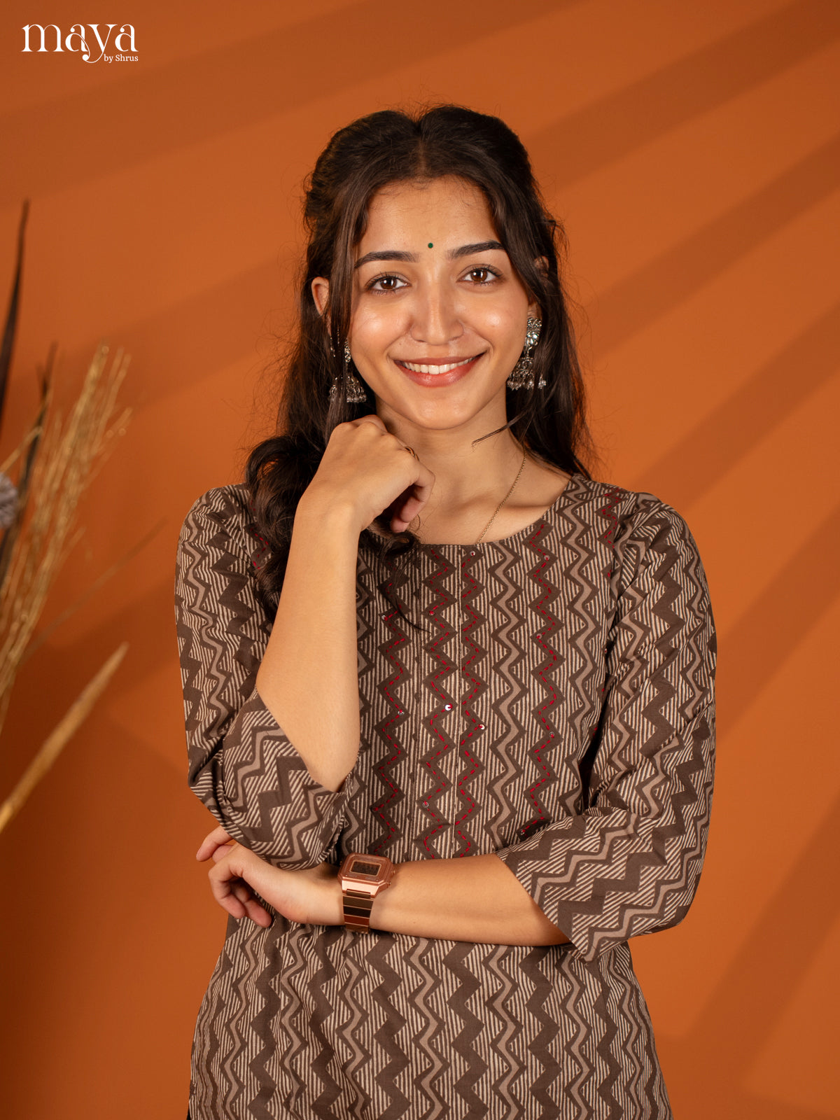 Brown Ajrakh Printed Cotton Kurti