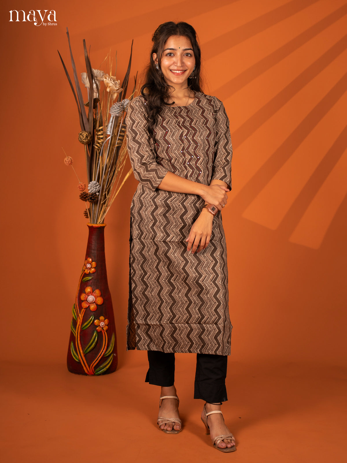 Brown Ajrakh Printed Cotton Kurti