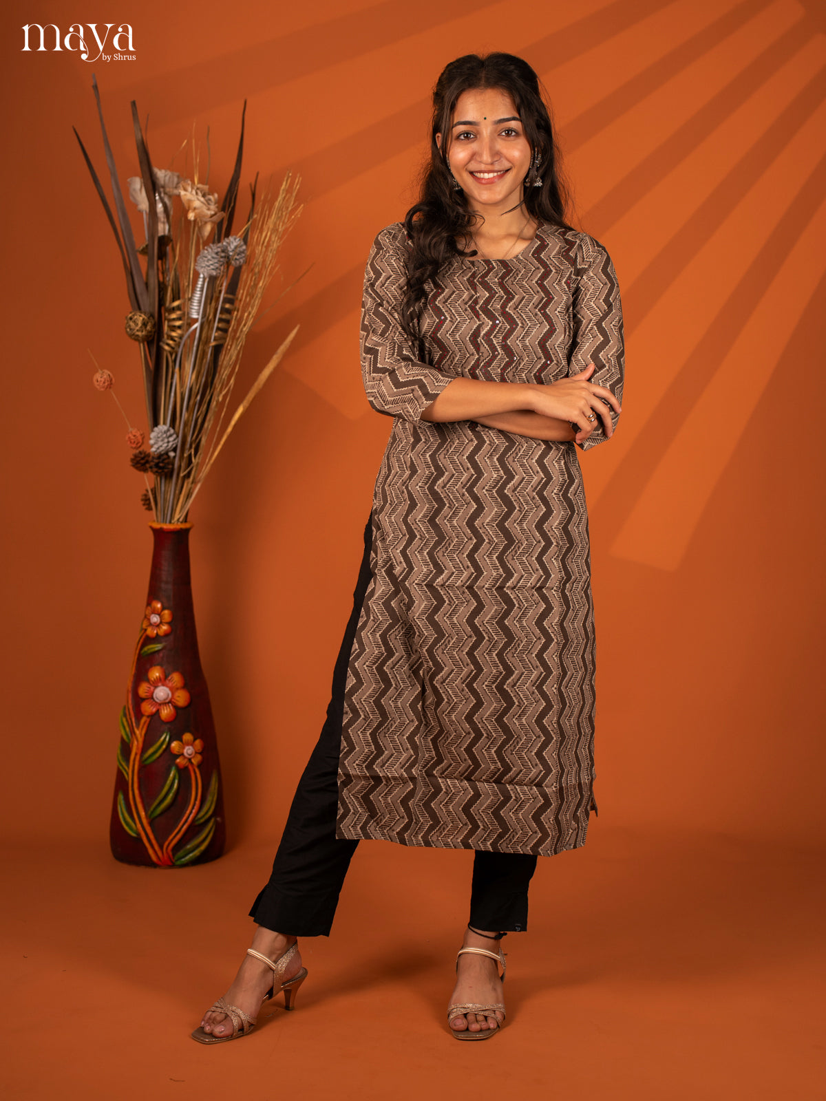 Brown Ajrakh Printed Cotton Kurti