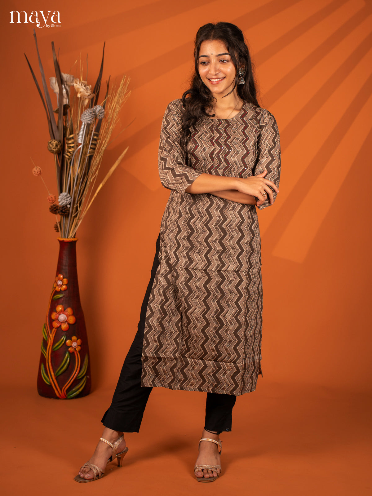 Brown Ajrakh Printed Cotton Kurti