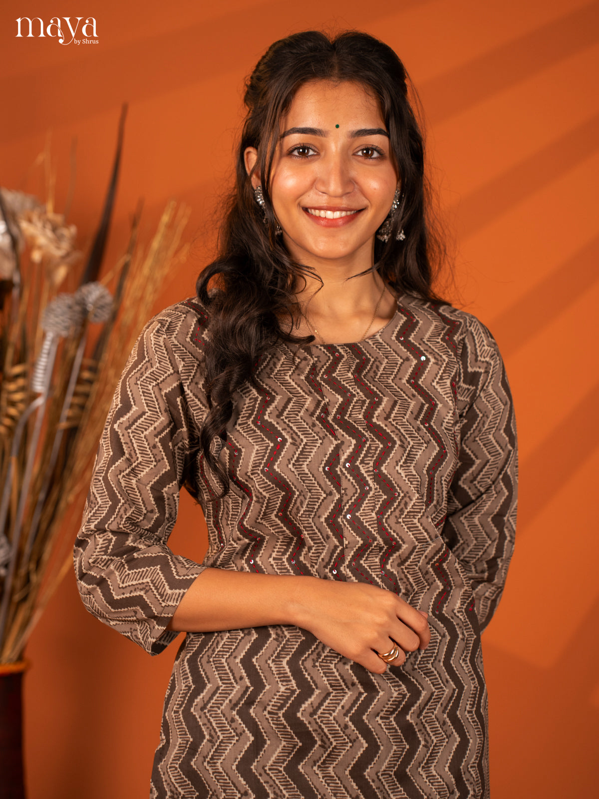 Brown Ajrakh Printed Cotton Kurti