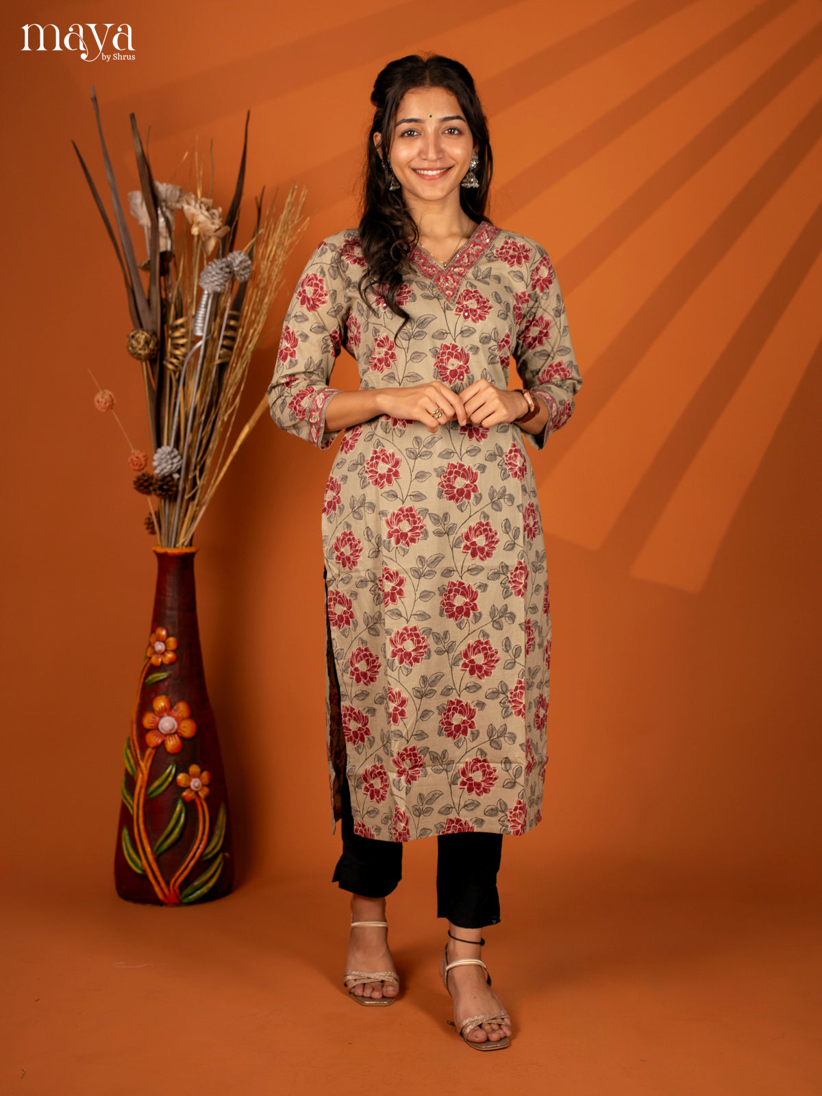 Brown Floral Printed Cotton Kurti