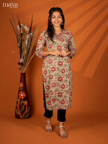 Brown Floral Printed Cotton Kurti