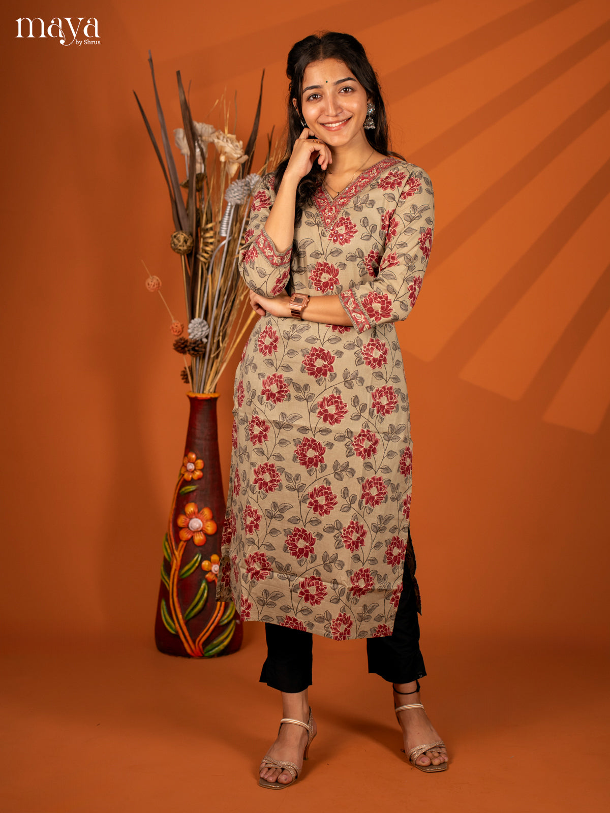Brown Floral Printed Cotton Kurti
