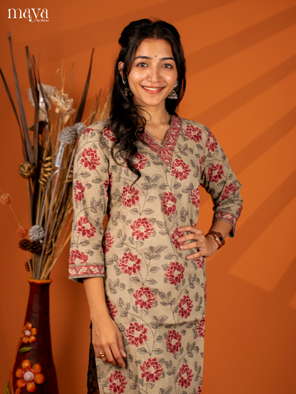 Brown Floral Printed Cotton Kurti