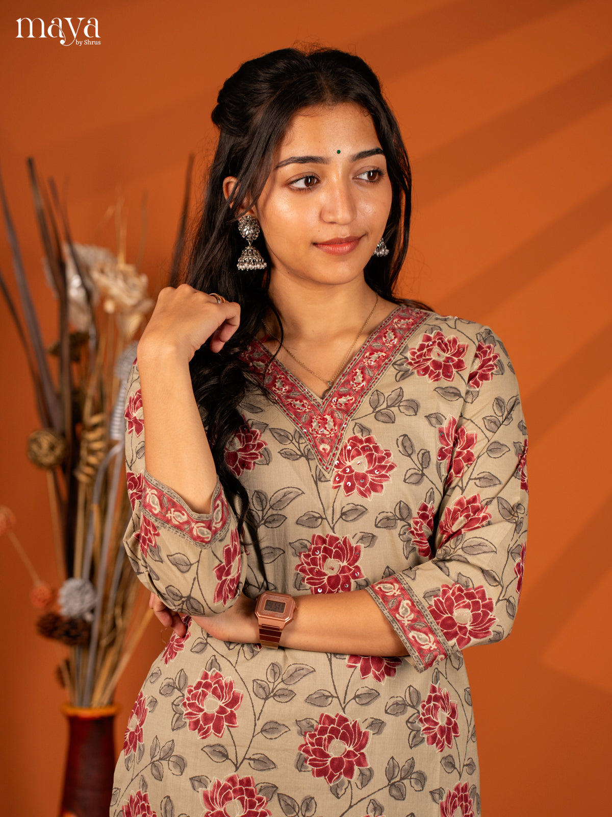 Brown Floral Printed Cotton Kurti
