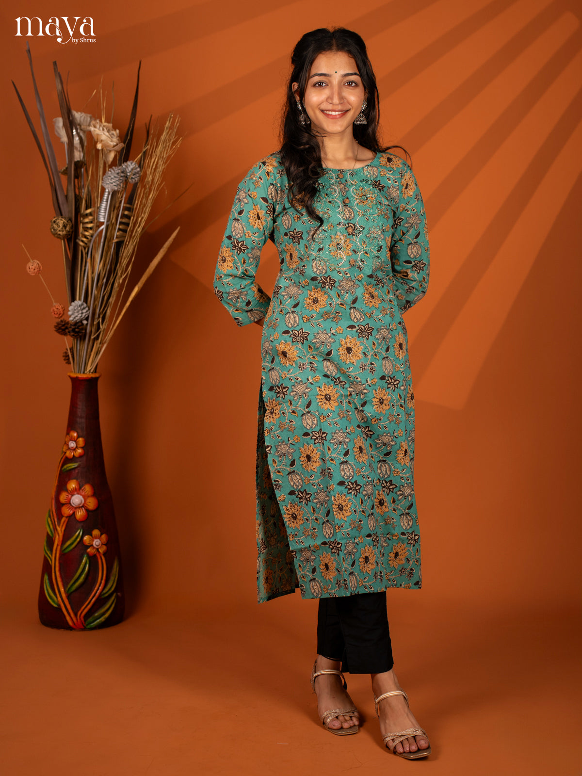 Green Floral Printed Cotton Kurti