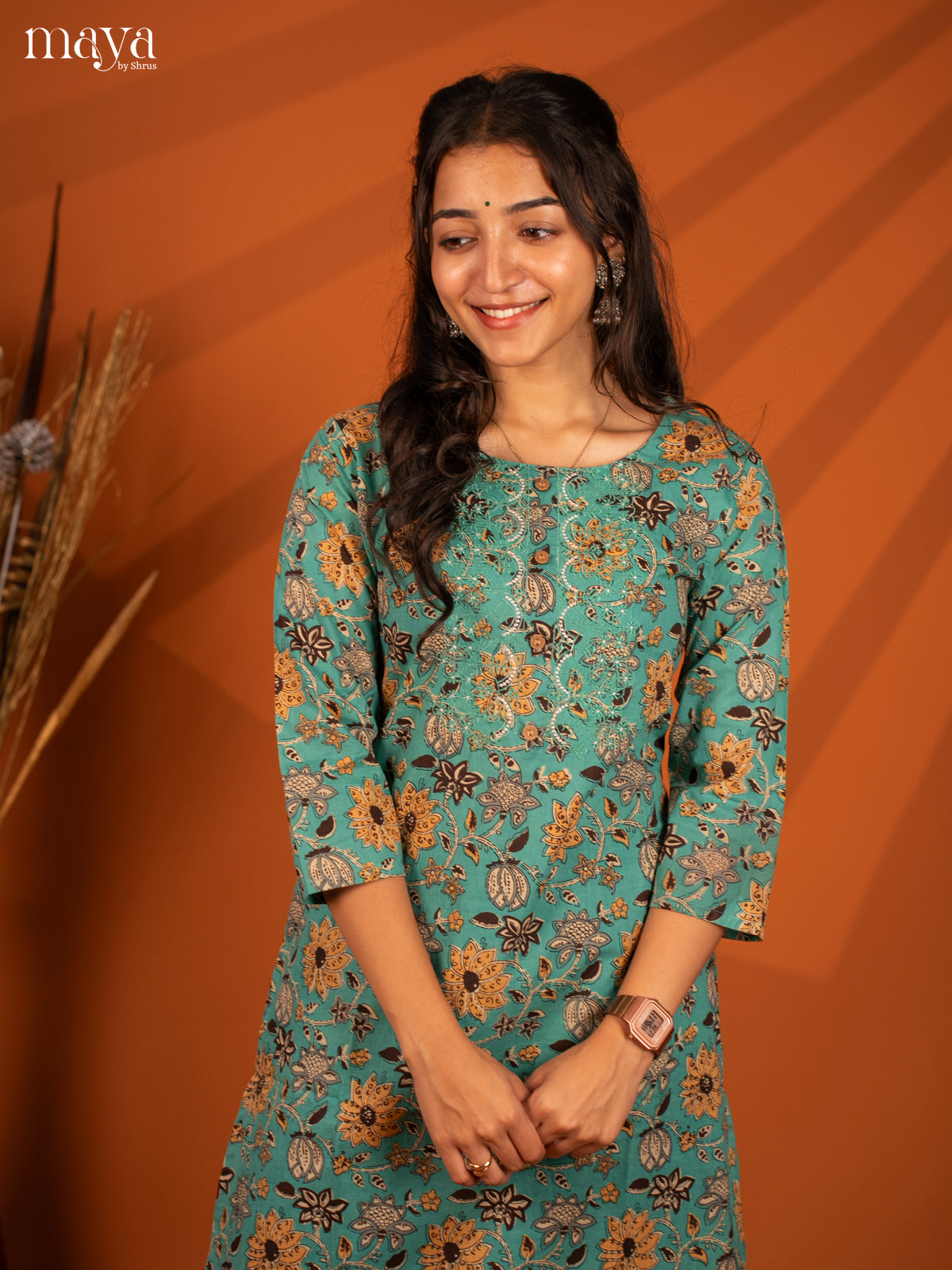 Green Floral Printed Cotton Kurti