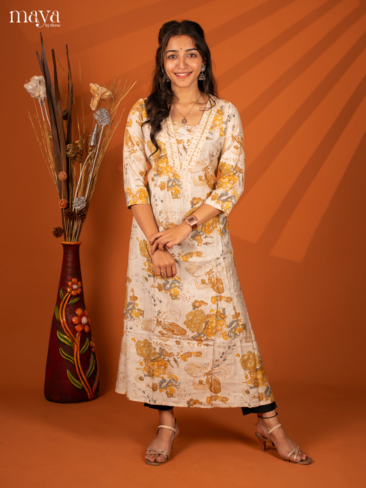Cream with Yellow Printed Rayon Kurti