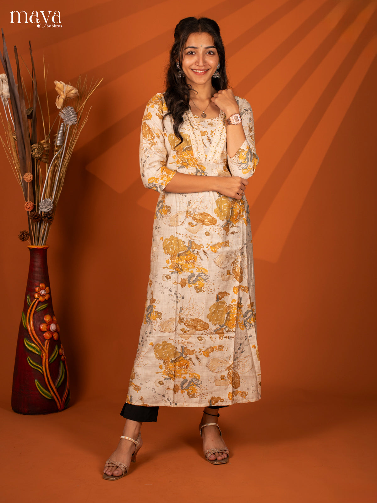 Cream with Yellow Printed Rayon Kurti