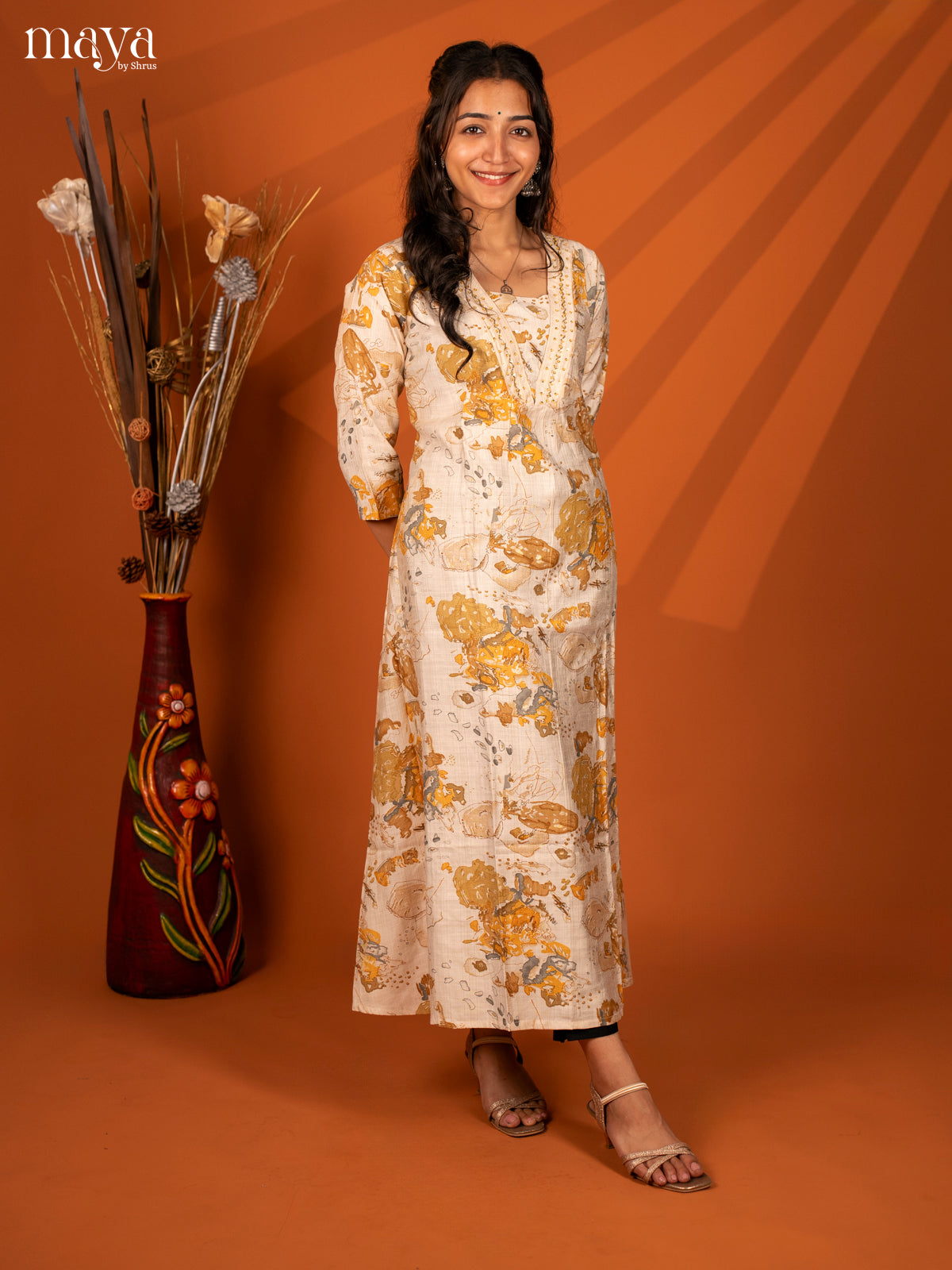 Cream with Yellow Printed Rayon Kurti