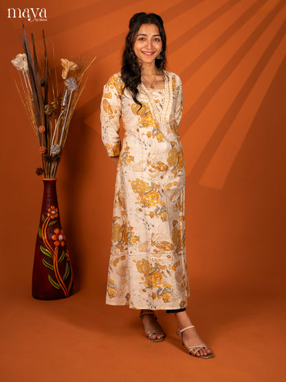 Cream with Yellow Printed Rayon Kurti