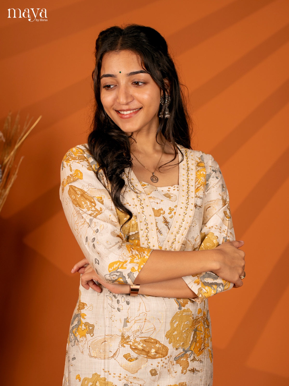 Cream with Yellow Printed Rayon Kurti