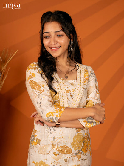 Cream with Yellow Printed Rayon Kurti