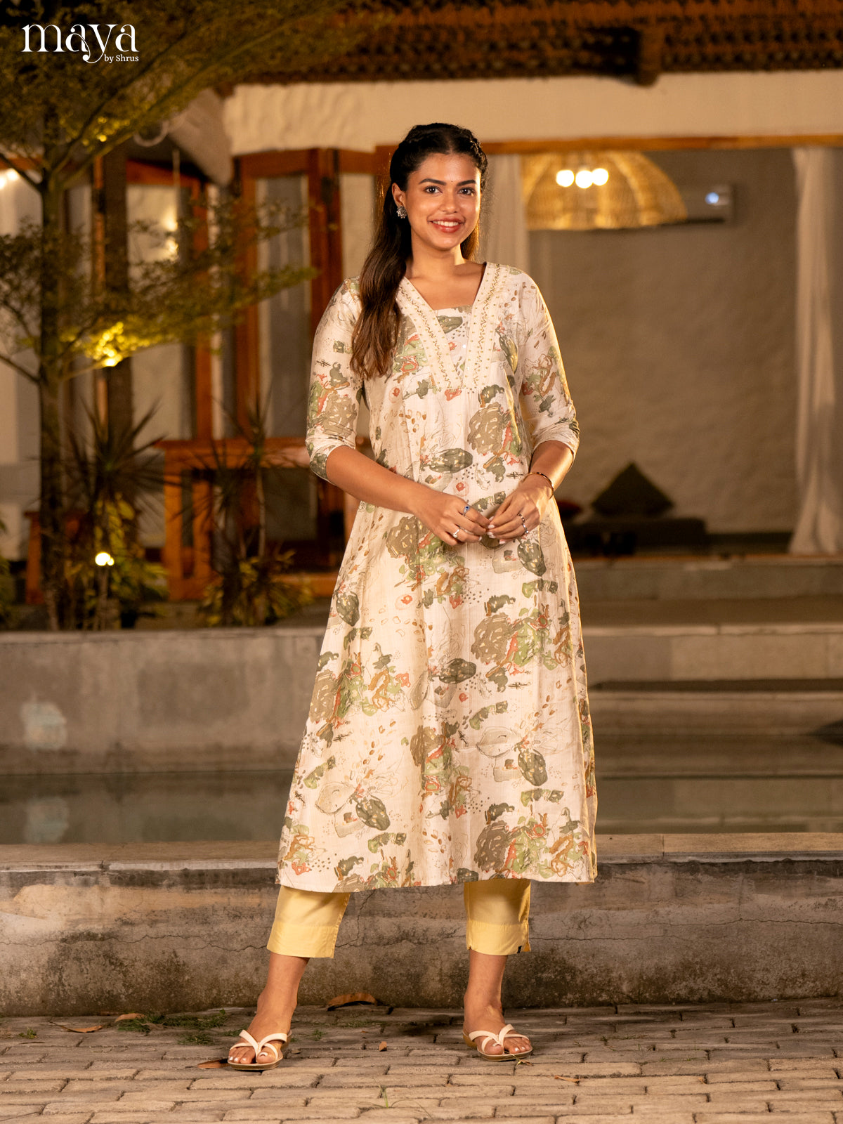 Cream with Yellow Printed Rayon Kurti