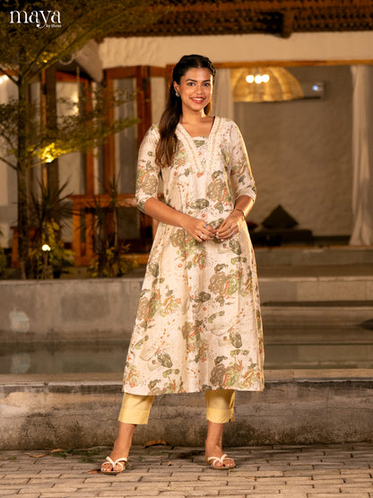 Cream with Yellow Printed Rayon Kurti