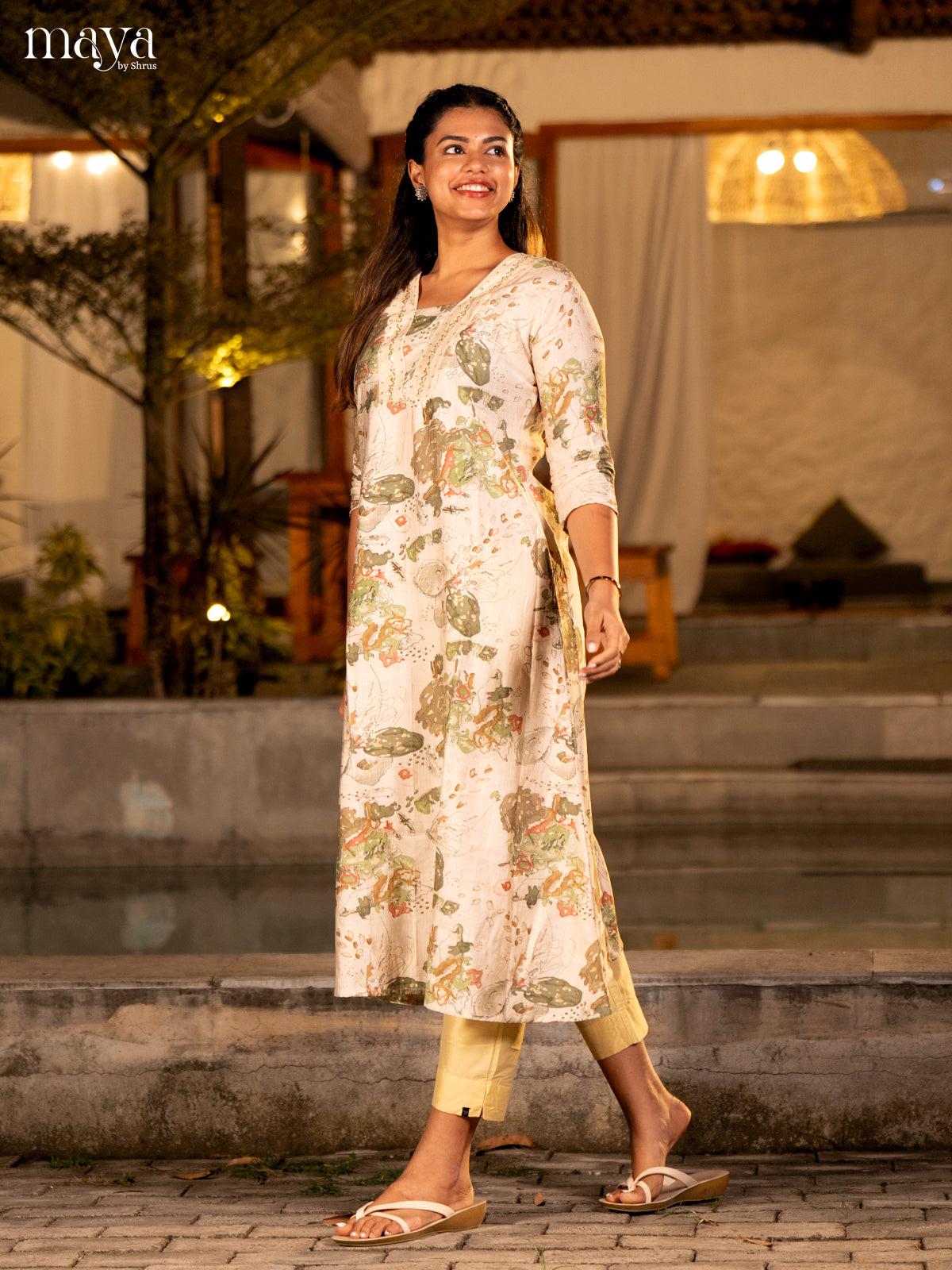Cream with Yellow Printed Rayon Kurti