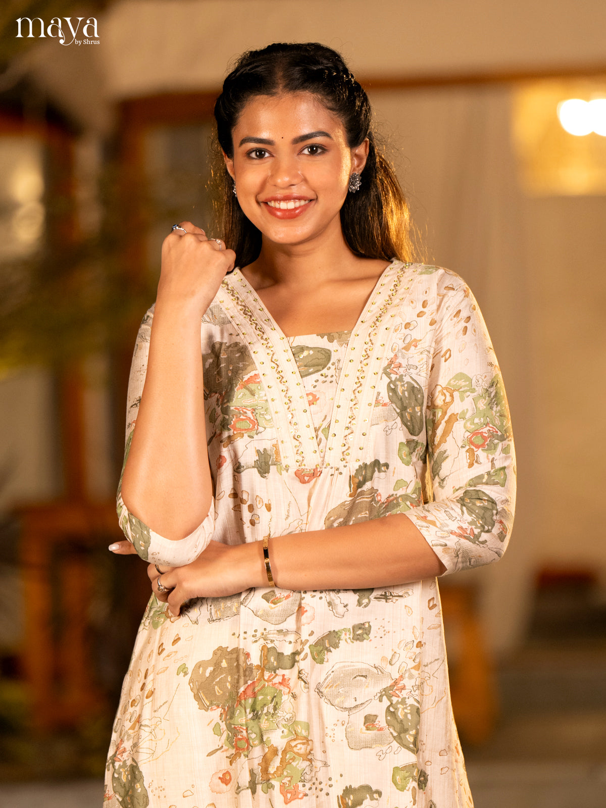 Cream with Yellow Printed Rayon Kurti