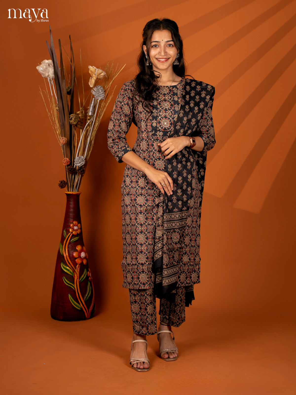 Black Cotton 3Pc Salwar with Ajrakh Print - Top, Bottom & Dupatta