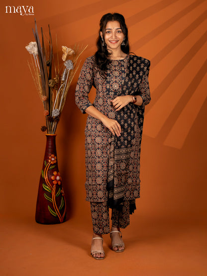 Black Cotton 3Pc Salwar with Ajrakh Print - Top, Bottom & Dupatta