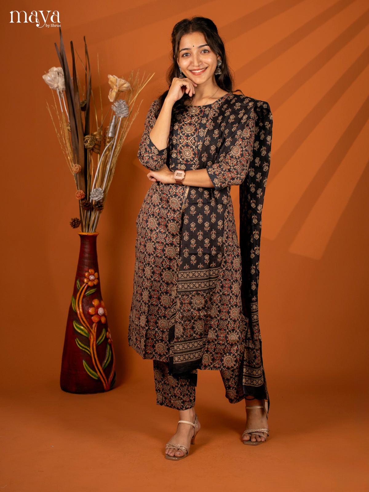 Black Cotton 3Pc Salwar with Ajrakh Print - Top, Bottom & Dupatta