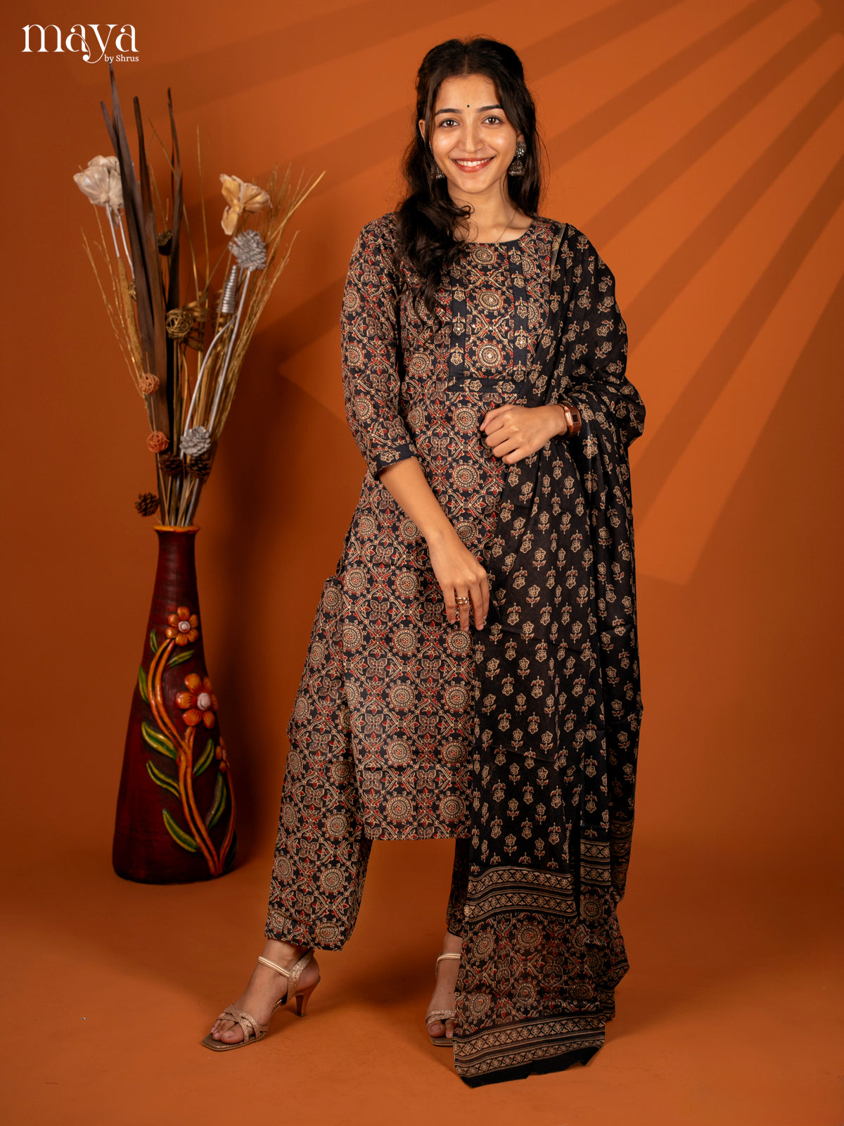 Black Cotton 3Pc Salwar with Ajrakh Print - Top, Bottom & Dupatta