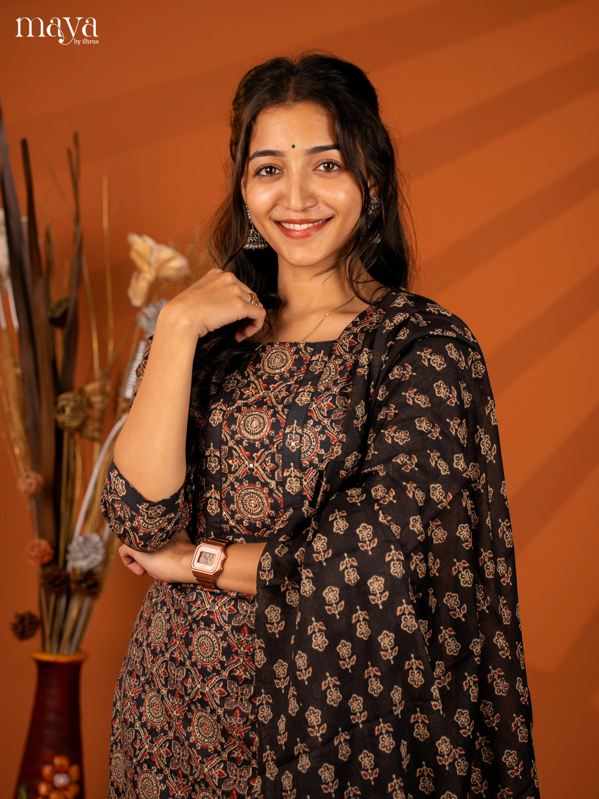 Black Cotton 3Pc Salwar with Ajrakh Print - Top, Bottom & Dupatta
