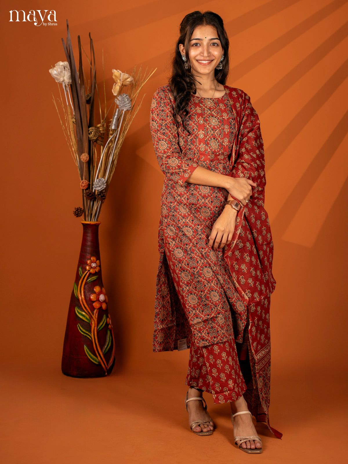 Brown Cotton 3PC Salwar with Block Print - Top, Bottom & Dupatta
