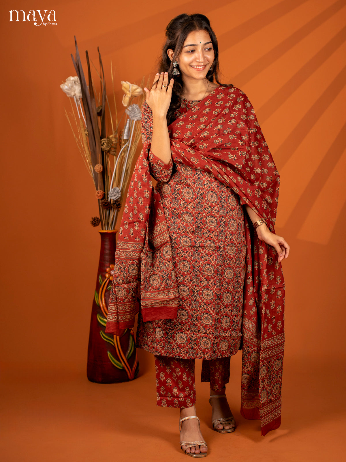 Brown Cotton 3PC Salwar with Block Print - Top, Bottom & Dupatta